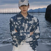 Threebooy Spring Clothing Men's Leisure Printed Zipper Short Jacket Streetwear Turn-down Collar Korean Harajuku Long Sleeve Luxury Coats